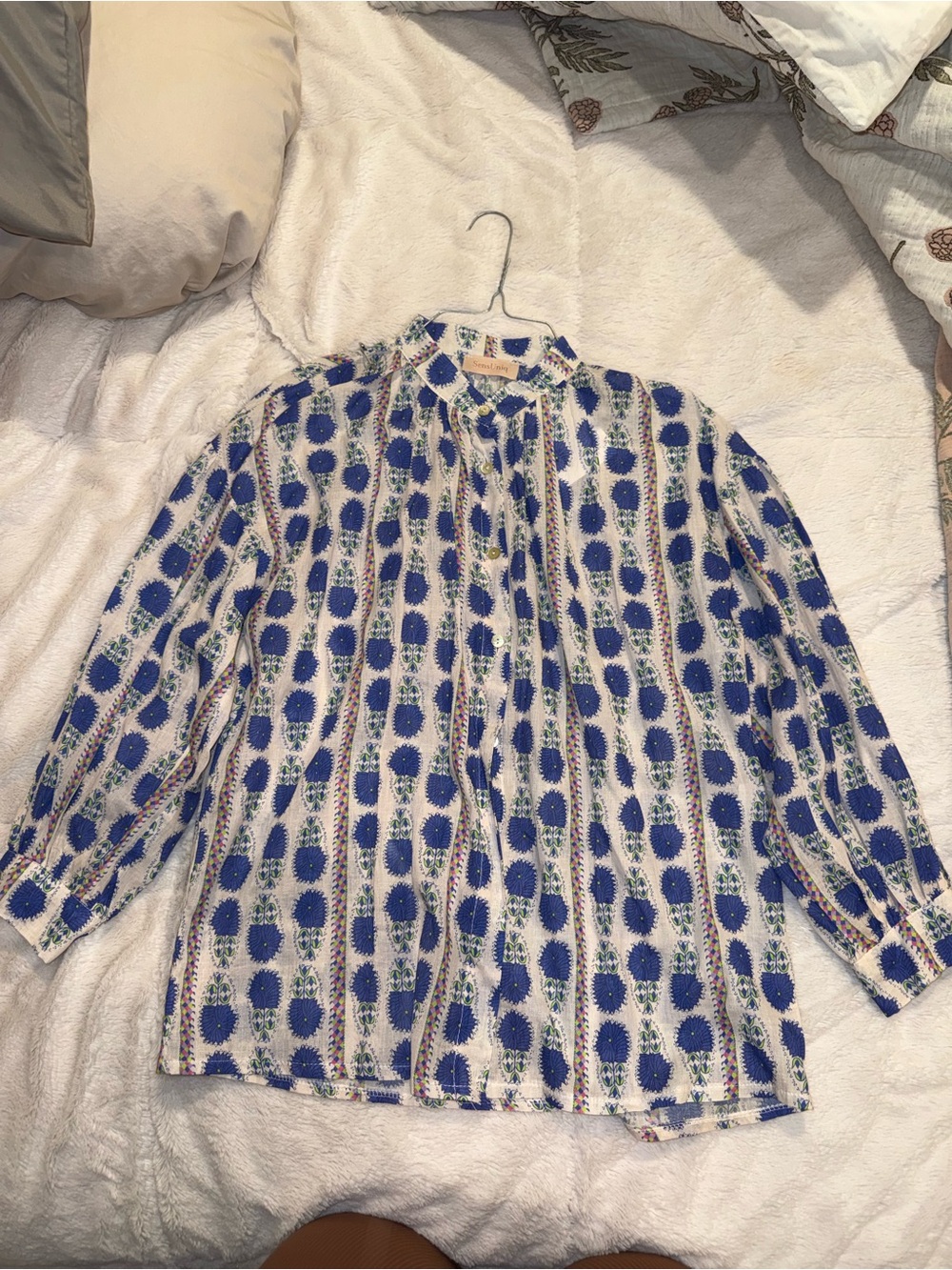 Women's Blue Printed Long-Sleeve Blouse